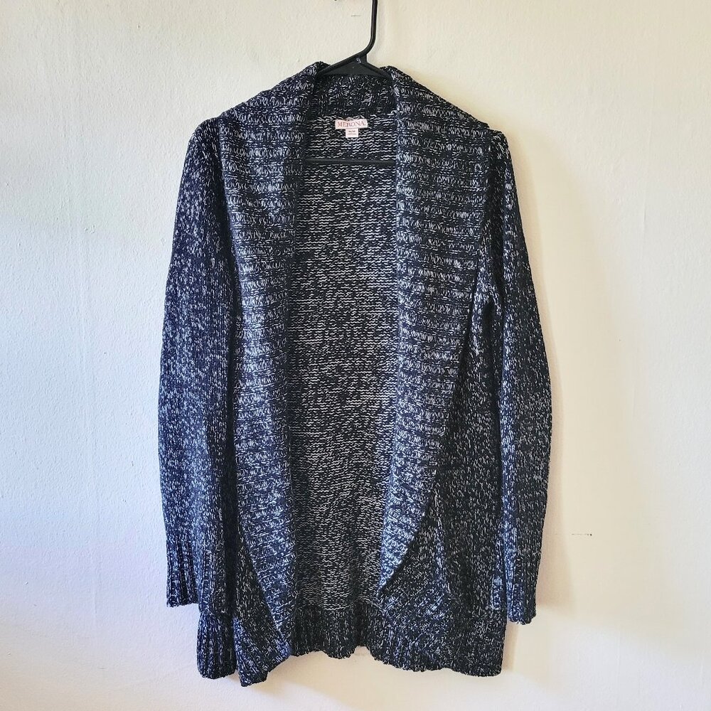 Super Soft Long Black/White Knit Cardigan Open Front Curved Hem Size M